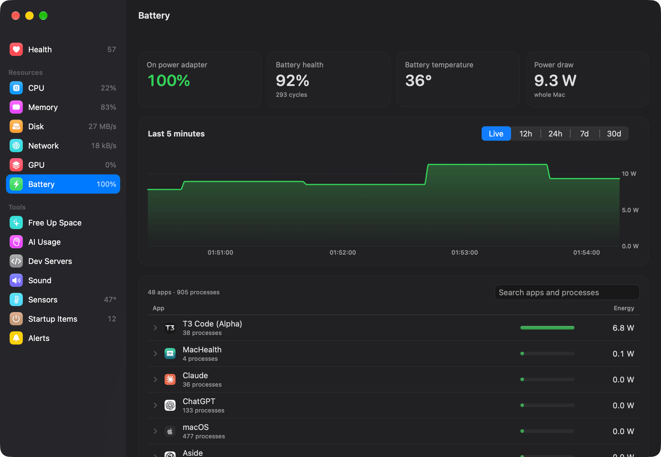 MacHealth Battery page: charge, health, temperature, power draw, a live chart and apps sorted by energy.