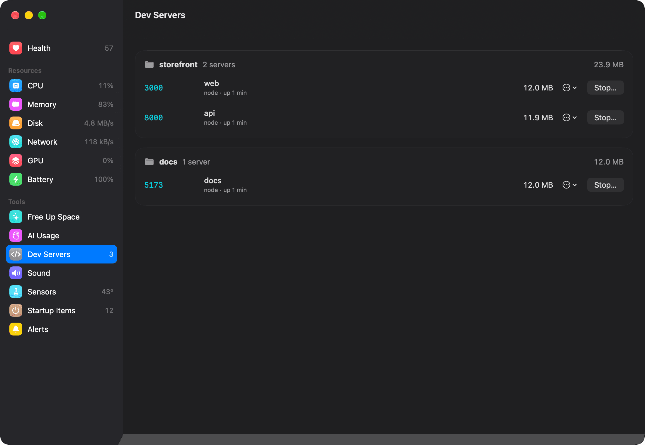 MacHealth Dev Servers page listing local servers by project with their ports and memory.