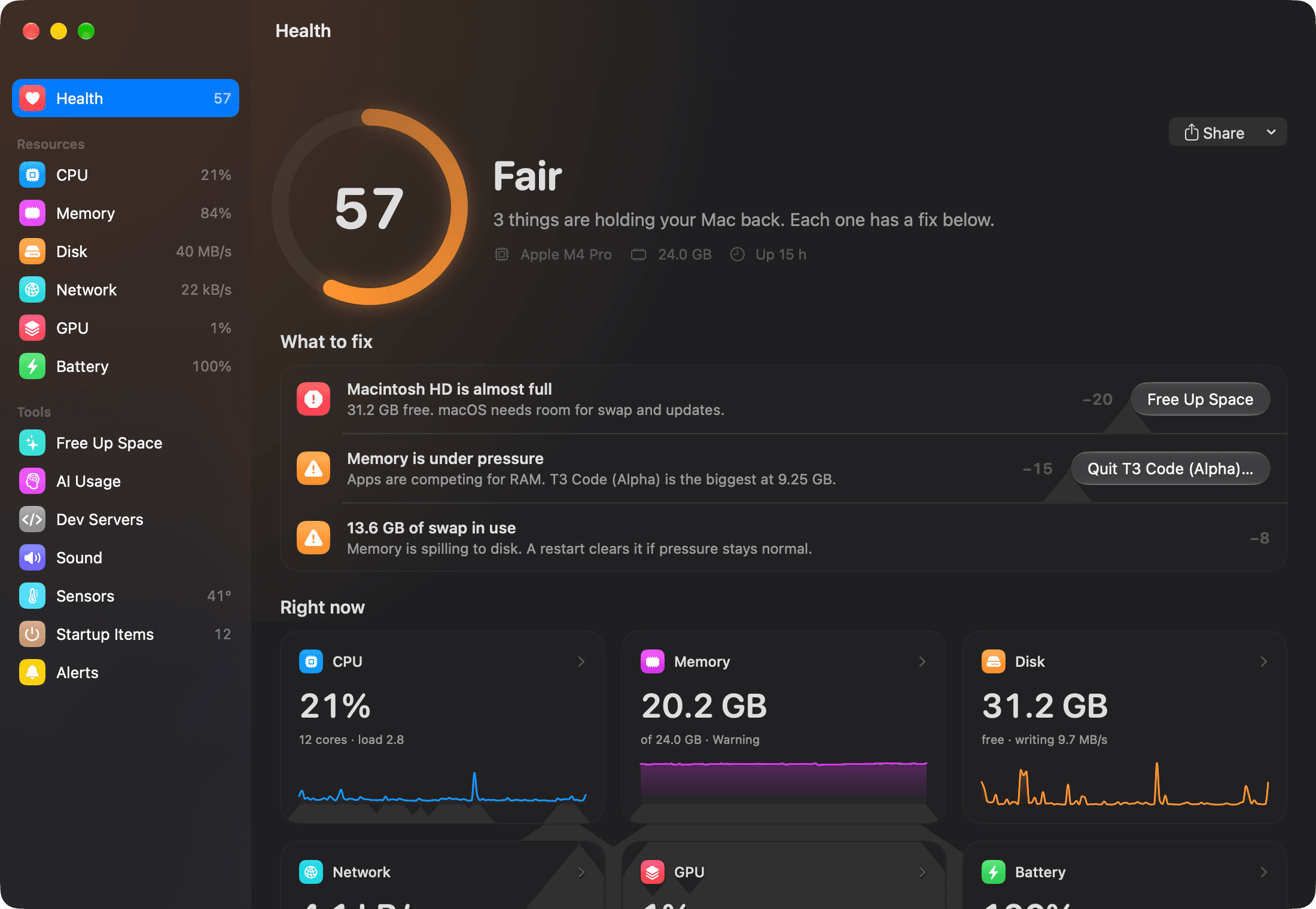 MacHealth Health page with the score, the list of things to fix, and live tiles for CPU, memory, disk, network, GPU and battery.
