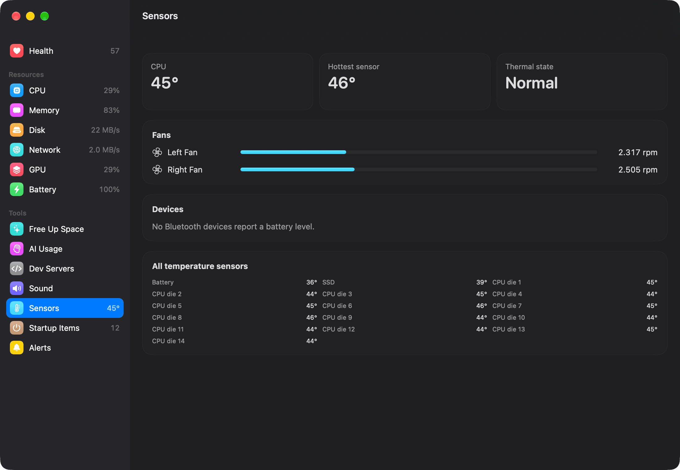 MacHealth Sensors page with CPU temperature, fans and all temperature sensors.