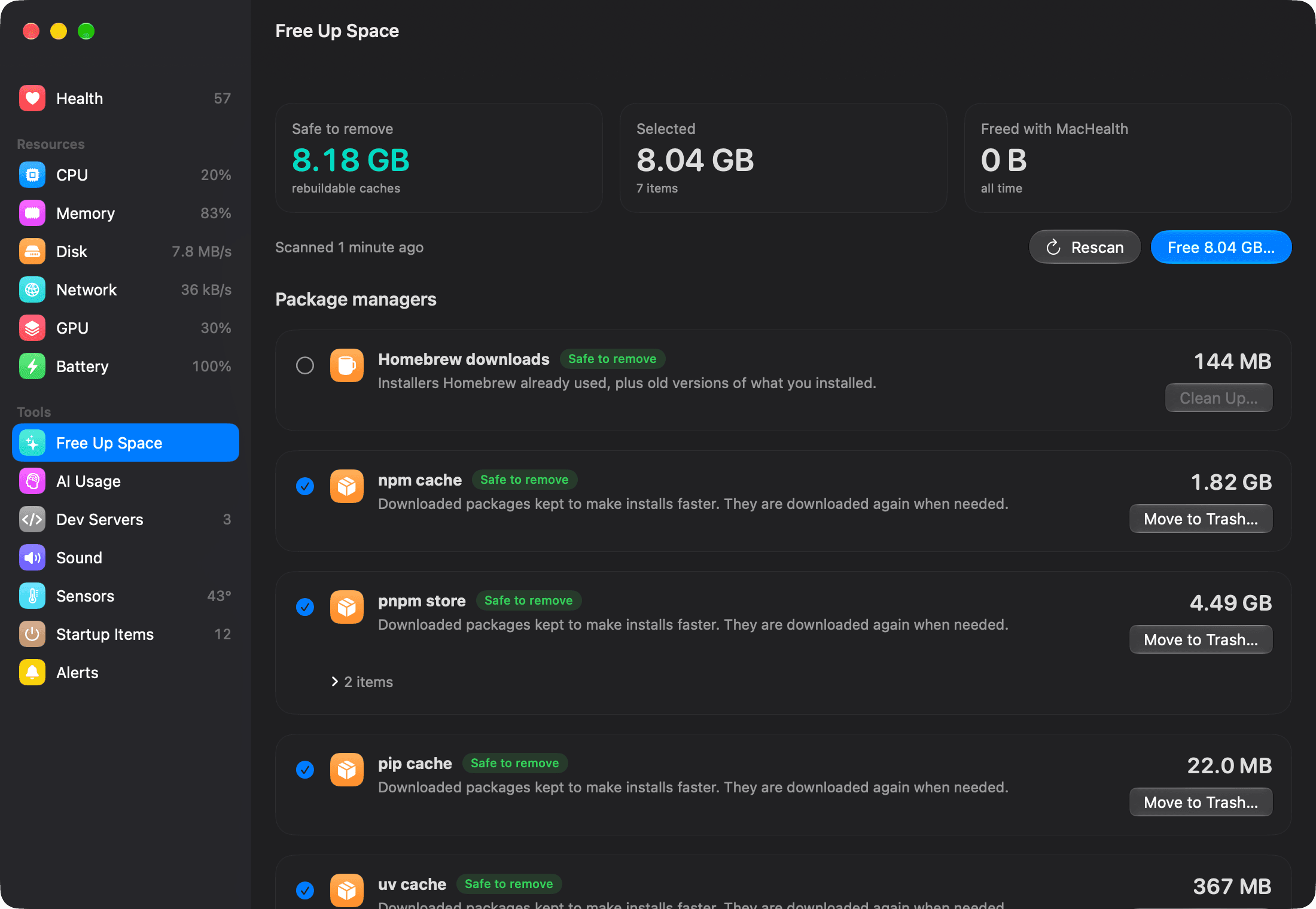 MacHealth Free Up Space page listing caches and old files by category with their sizes.